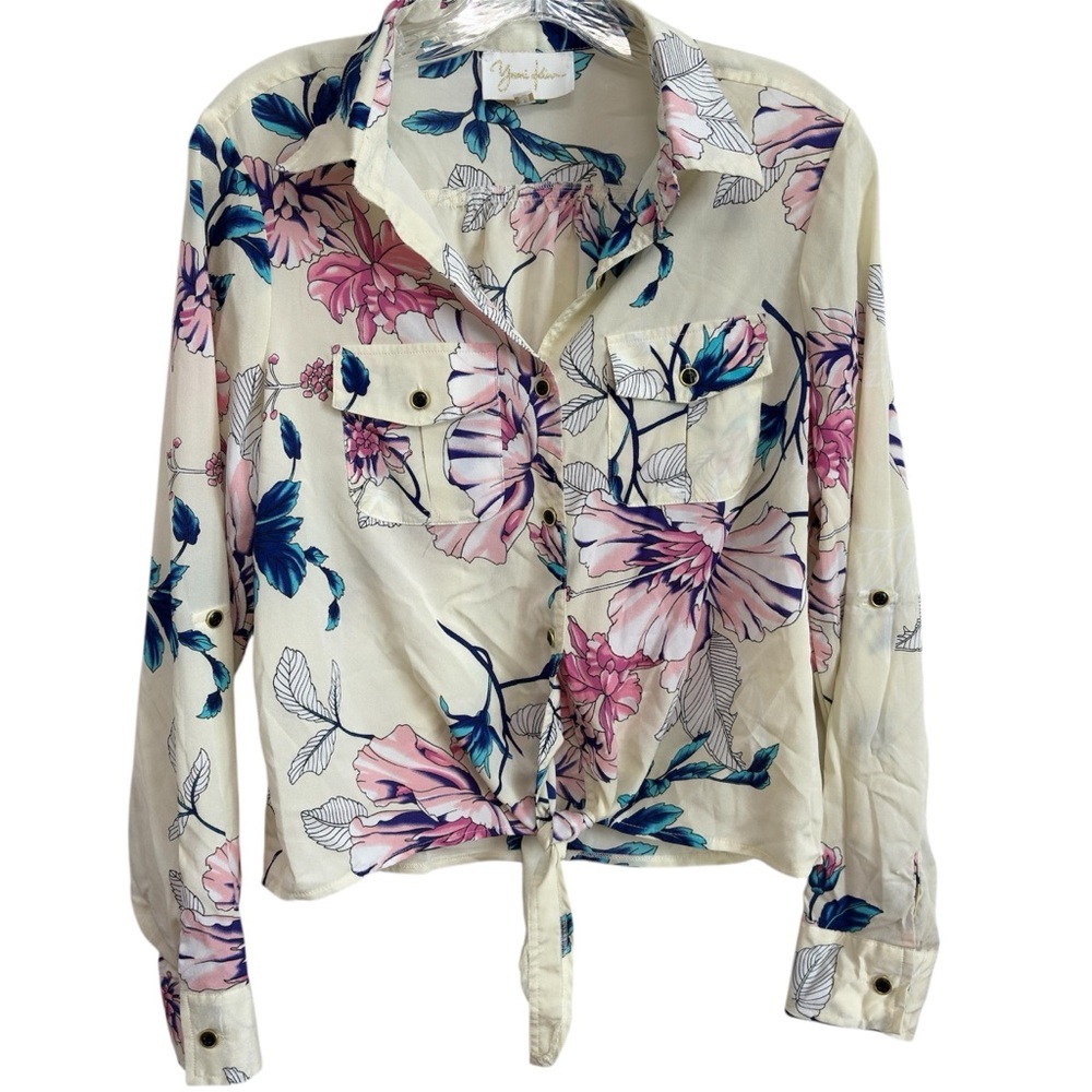 YUMI KIM Floral Buttom down Tie front Blouse Top Sz M